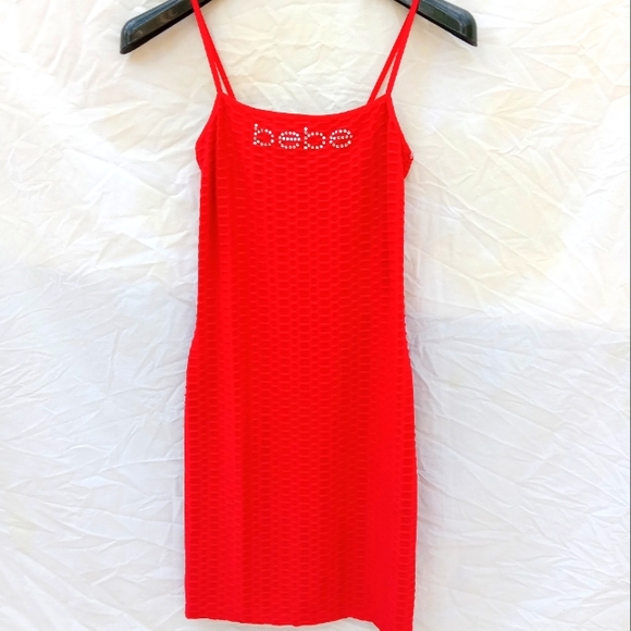 Bebe Brand Spaghetti Strap Textured Red Sequin Lettered Bodycon Sz Medium Dress - Picture 1 of 2